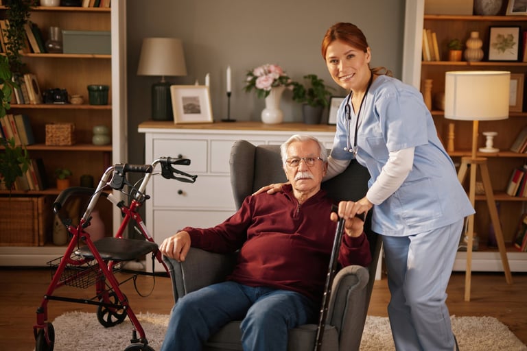 Nurse smiling and assisting elderly Asian man at home with walking cane