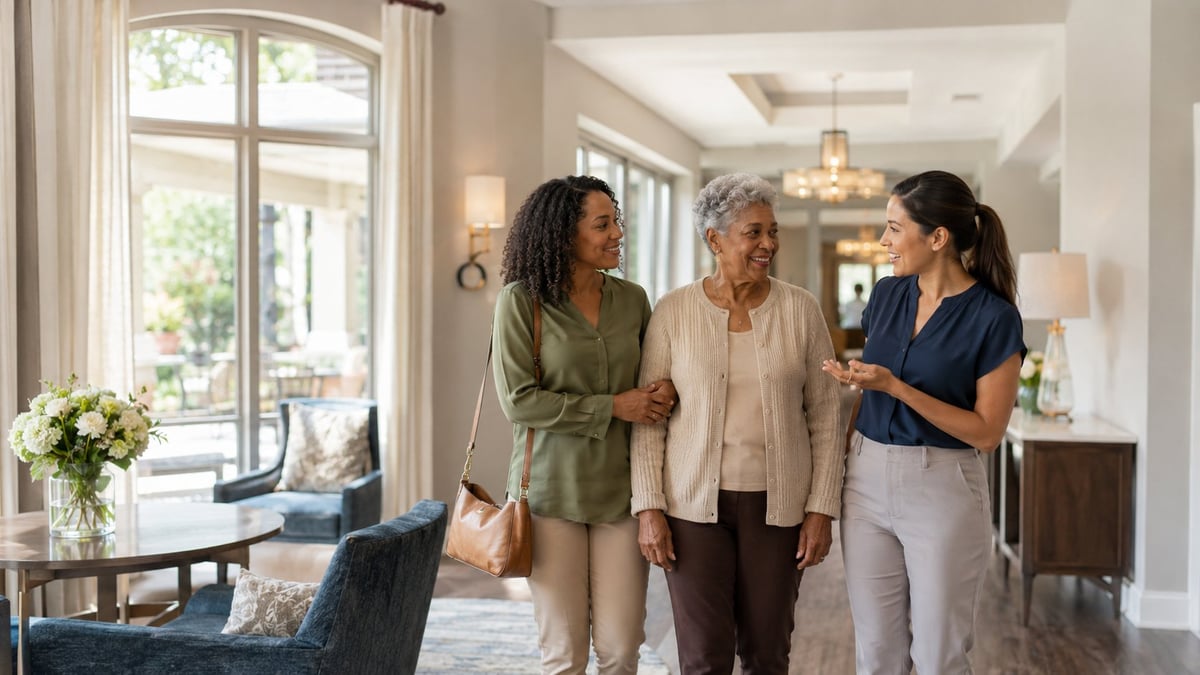 Three women walking and talking together in a bright, modern home hallway with natural light and elegant furnishings