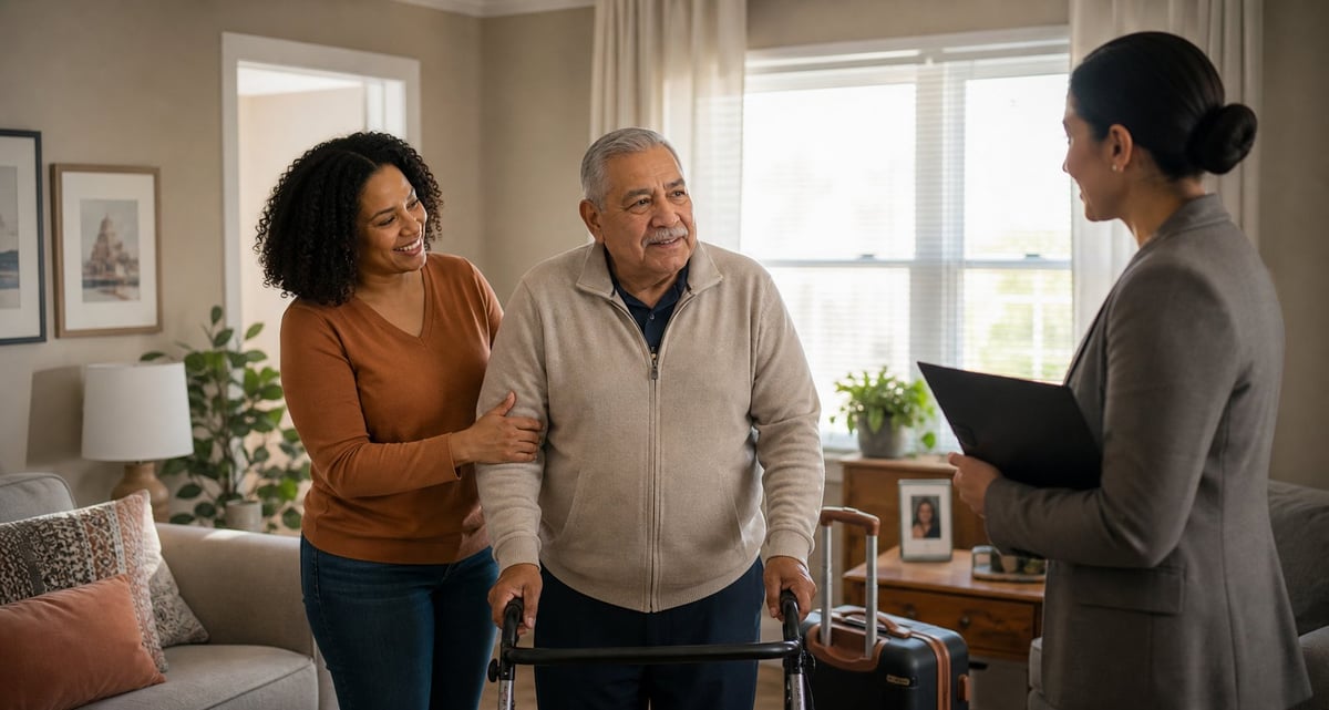 Healthcare professional speaking with senior man and woman in living room during home visit consultation