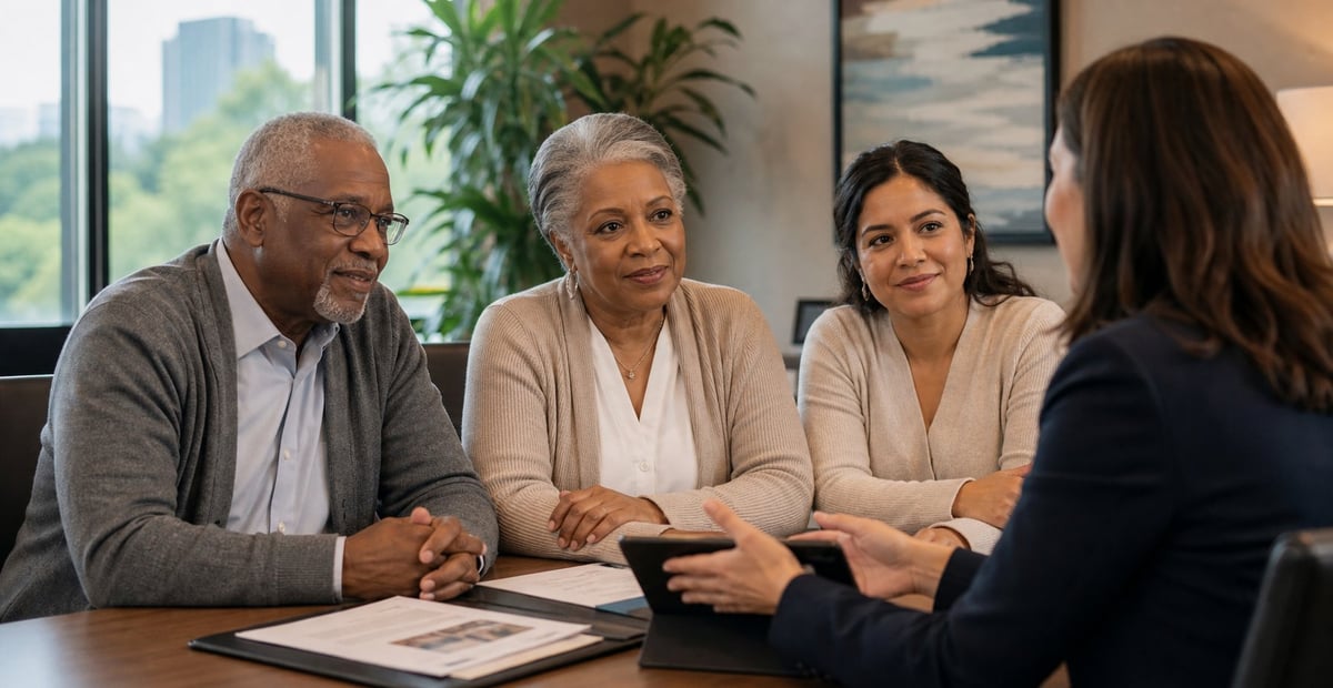Four diverse professionals in business casual attire gathered around a table during a meeting or discussion in a modern office setting.