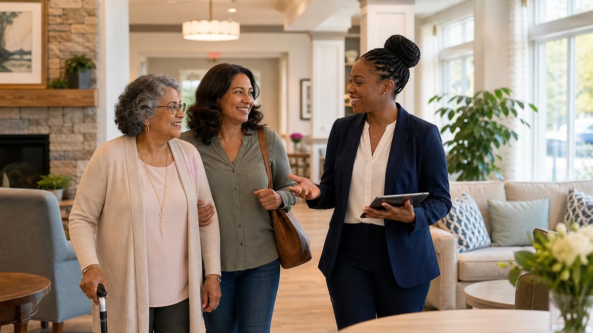 Three women in a bright, modern living room having a conversation while one holds a tablet device.