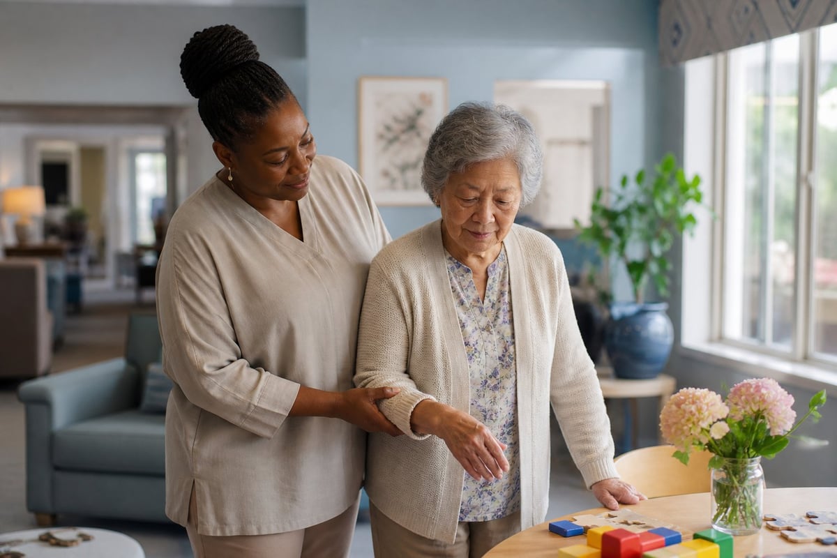 Caregiver assisting elderly woman with activity at home, flowers visible on table