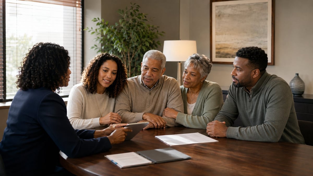 Family meeting with parents and adult children seated at a wooden table reviewing documents in a living room