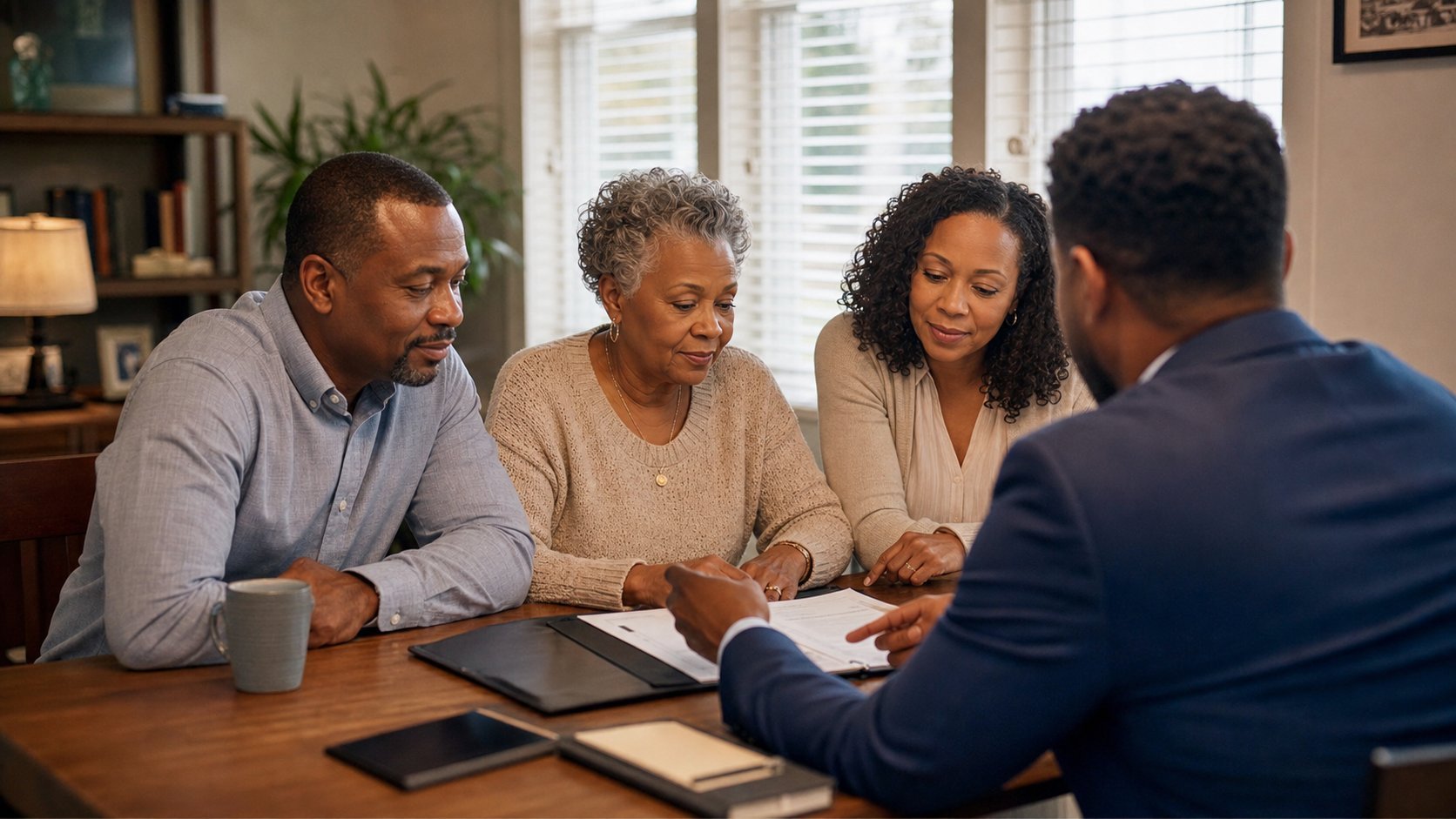 Four people in business meeting reviewing documents and tablet at wooden table in bright office