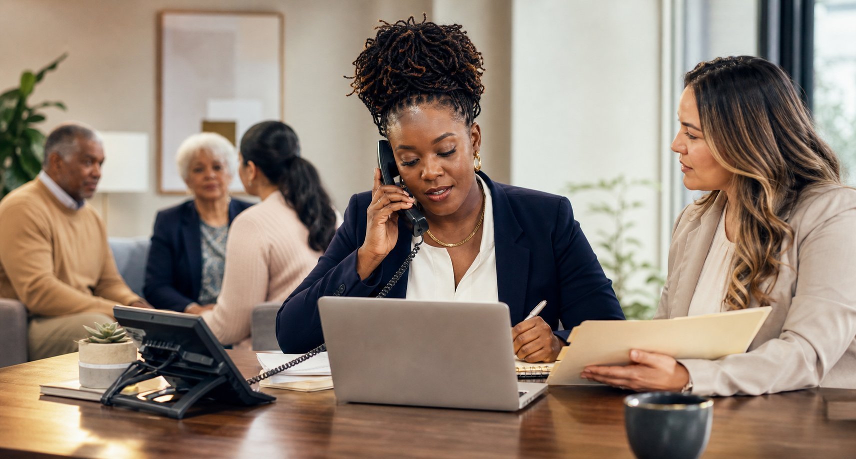 Professional woman on phone at laptop during office meeting with colleagues gathered around wooden table